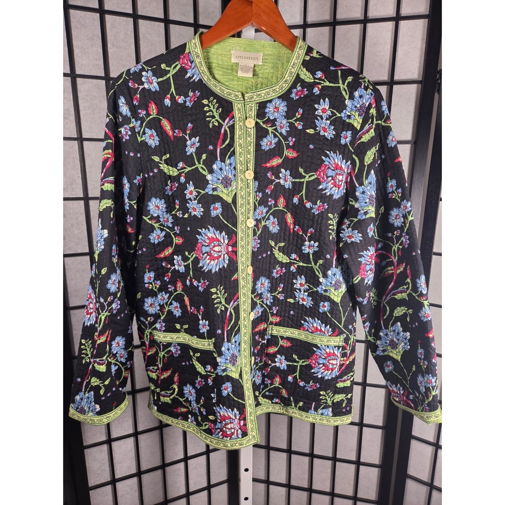 Appleseeds Womens Large Quilted Floral Jacket Black Green Lightweight Cotton L